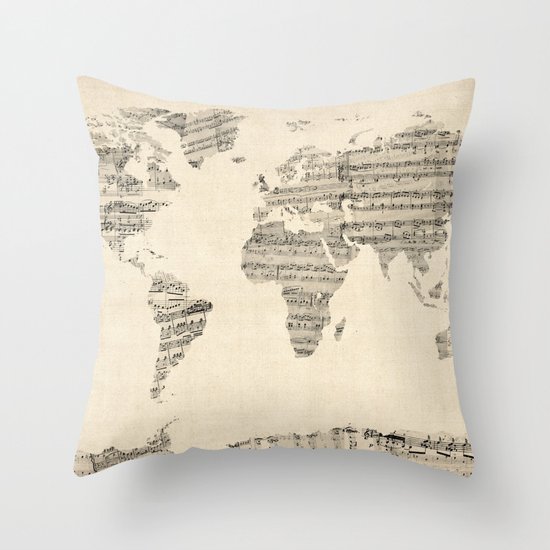 Map Of The World Throw Pillow Old Sheet Music World Map Throw Pillow