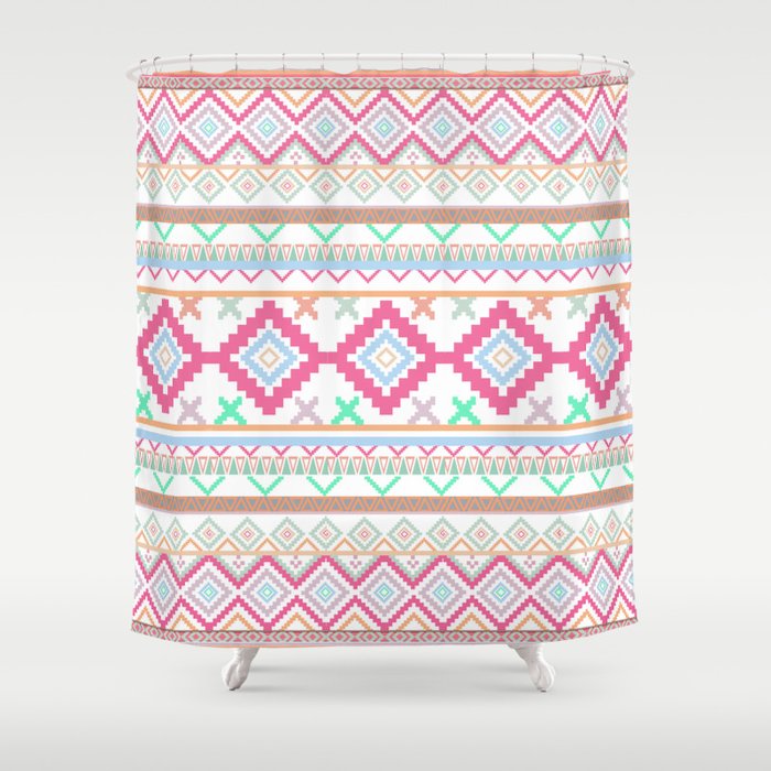 Pink Teal Aztec Tribal Diamond Geometric Pattern Shower