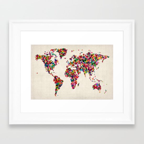 Butterflies Map Of The World Map Framed Art Print By