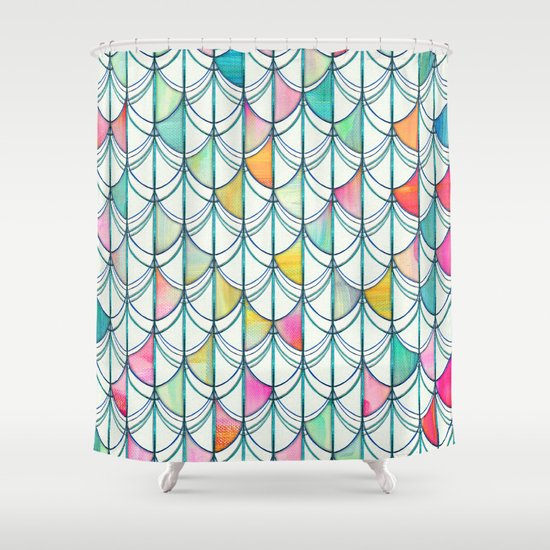 Pencil  Paint Fish Scale Cutout Pattern  white, teal, yellow  pink Shower Curtain by Micklyn 