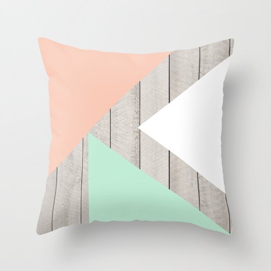 Modern Teal Peach Triangles Color Block on Wood Throw Pillow by Girly Trend Society6