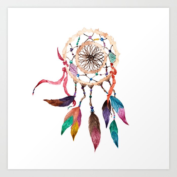 Native American Boho Vibrant Watercolor Beaded Dreamcatcher Art Print ...