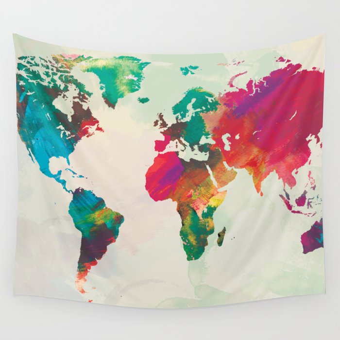 Watercolor World Map Wall Tapestry By PAZWAZ