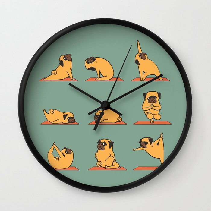 Pug Yoga Wall Clock by Huebucket Society6