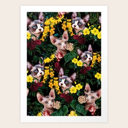 Art Print - Floral and Sfenks Cat Pattern - Burcu Korkmazyurek