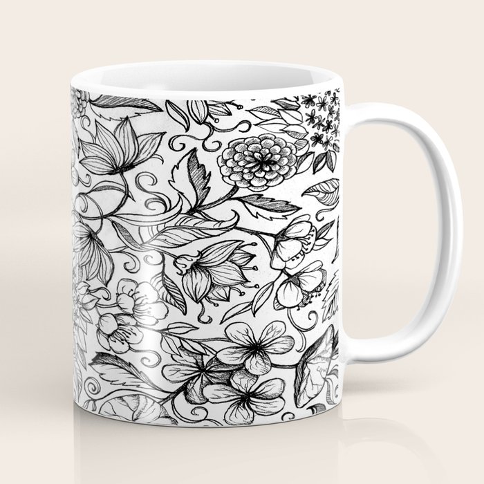 pencil floral pattern in black and white mug by pencil floral pattern in black and white mug by